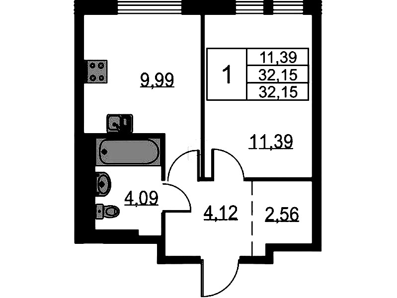 1-комнатная квартира 32.15 м², 11/12 эт., ЖК «Невская Долина»